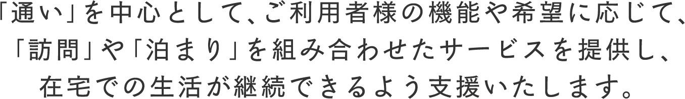 「通い」を中心として、ご利用者様の機能や希望に応じて、「訪問」や「泊まり」を組み合わせたサービスを提供し、在宅での生活が継続できるよう支援いたします。